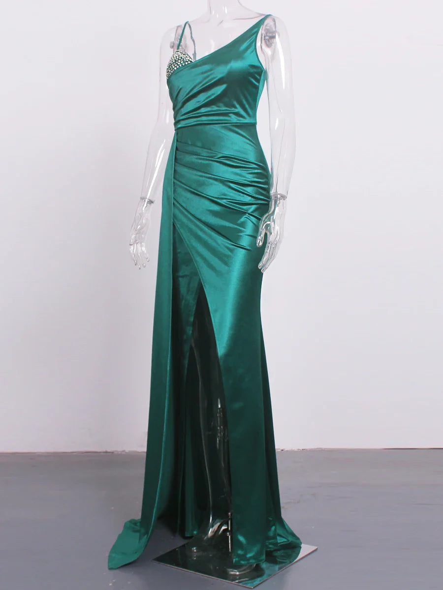 Heidi-Mode | Satin Strass Büste Seiten Schleppe Split Kleider