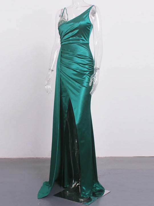 Heidi-Mode | Satin Strass Büste Seiten Schleppe Split Kleider