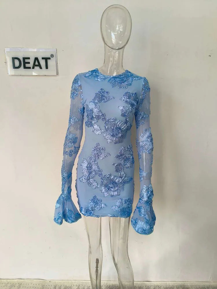 Heidi-Mode | Herbstmode Trendy Frauen'S Stickerei Blume Rücken Hollow Out Kleid O-Ausschnitt Flare Ärmel Kleider Female