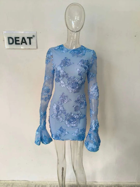Heidi-Mode | Herbstmode Trendy Frauen'S Stickerei Blume Rücken Hollow Out Kleid O-Ausschnitt Flare Ärmel Kleider Female