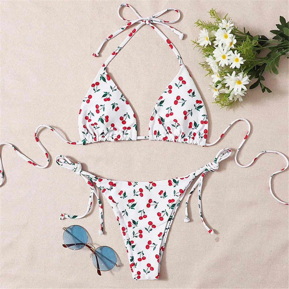 Heidi-Mode | Halter Triangle Sexy Bikini Set Frauen Patentleder Glitzer Badeanzug Sommer Einfarbig G String Bademode Seitenschnürung Monokini