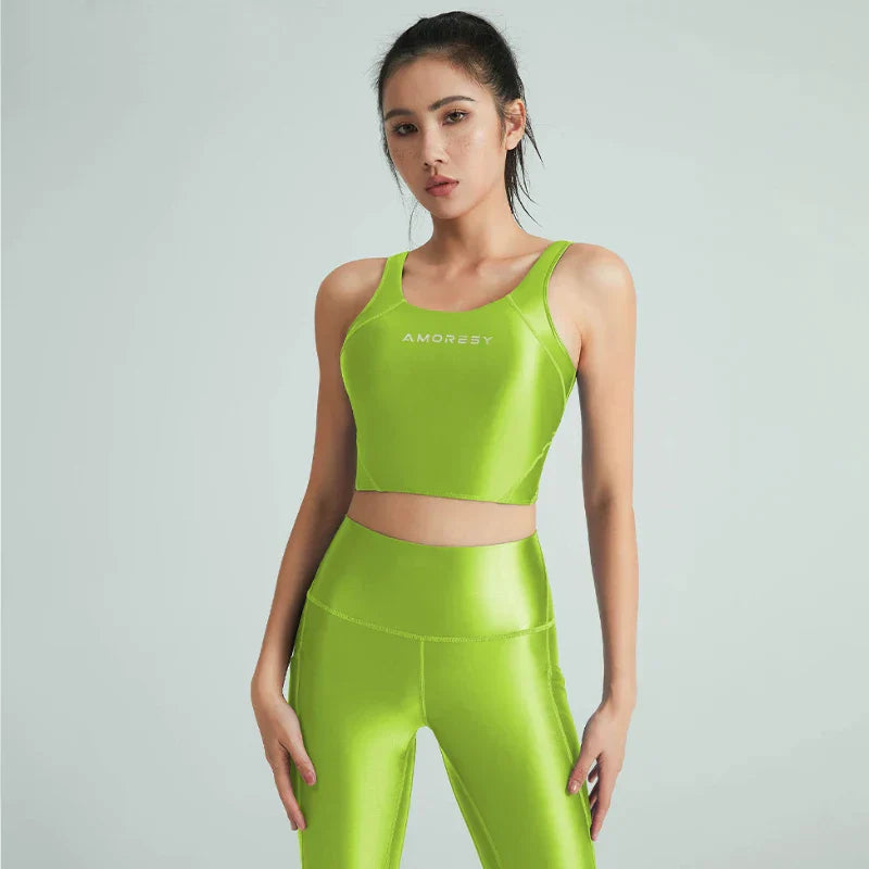 Heidi-Mode | Satin Glänzende Damen Bademode Weste Öl Hohe Taille Hose Glatte Fitness Gloss Yoga Lauf Sweatset Leggings