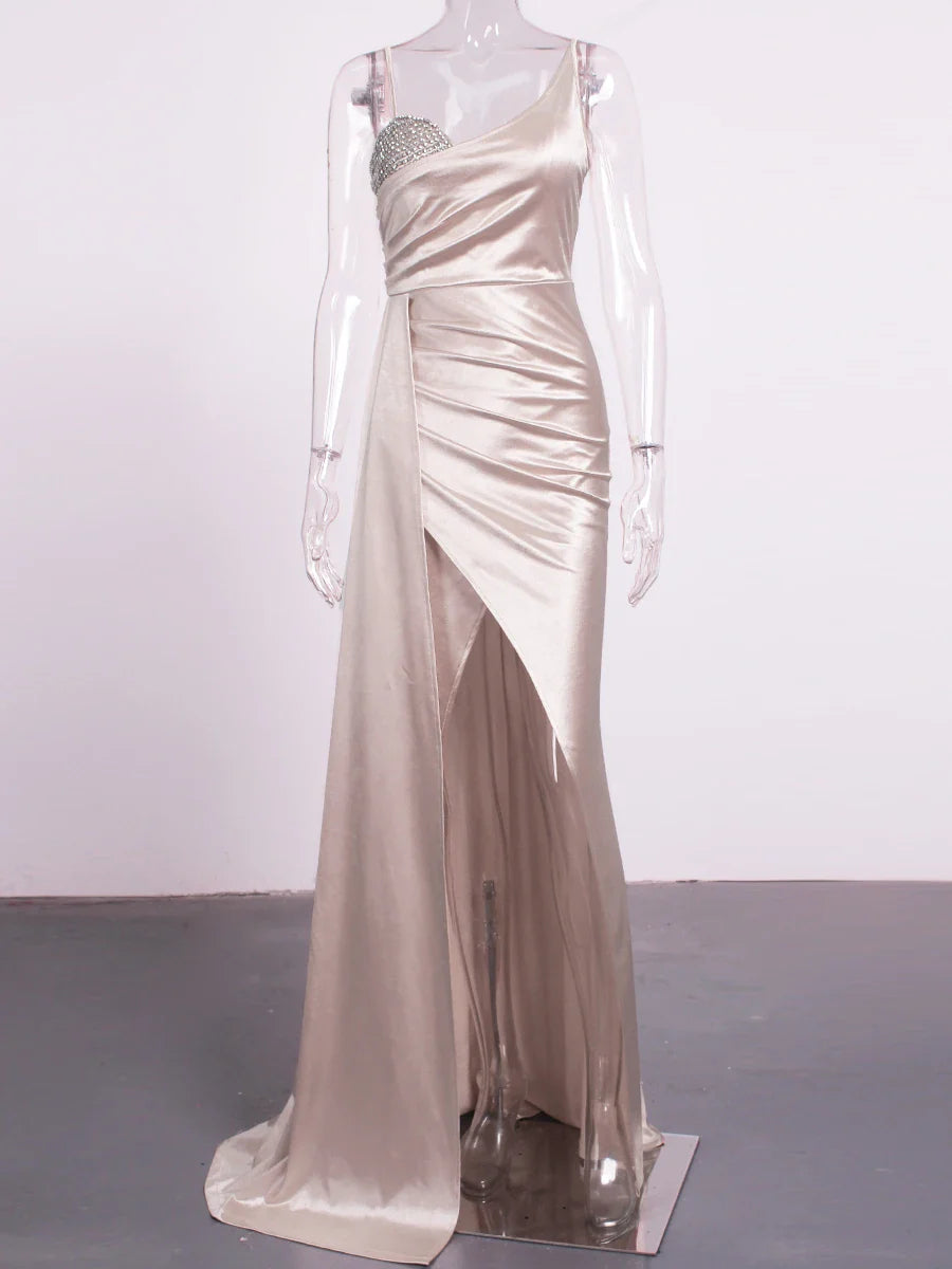 Heidi-Mode | Satin Strass Büste Seiten Schleppe Split Kleider