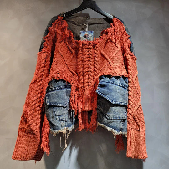 Heidi-Mode | Herbst Neue Waren Mode Frauen Twists Strick Splice Denim Kurz Pullover Locker Rundhalsausschnitt Langärmelig für Die Oberseite Weiblich