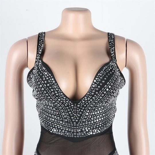 Heidi-Mode | Diamanten Netz Rückenfreies Schlaghose Overall