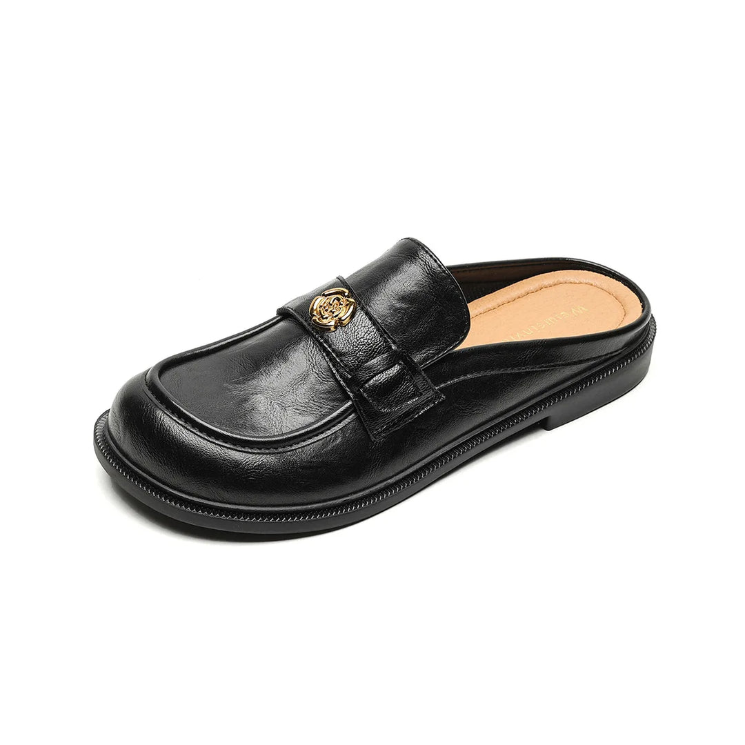 Heidi-Mode | Frühling Neue Frauen Flache Slipper Britischer Stil Schwarz Metall Dekoration Damen Freizeit Mules Arbeit und Outdoor Kleidung Große Größe