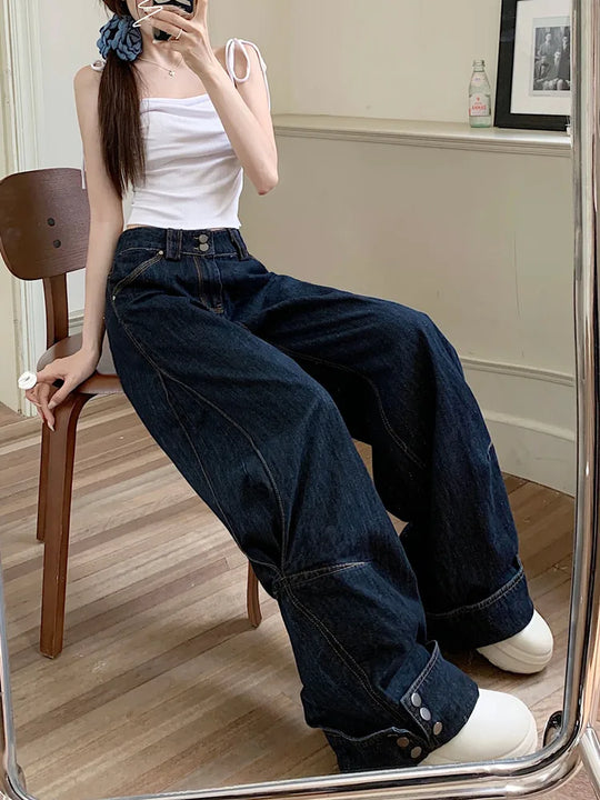 Heidi-Mode | Trashy Y2K Mode Knopfmanschetten Dunkelblaue Baggy Jeans Hosen für Damen Kleidung Schlichte Elegante Hosen Damen Pantalon Femme