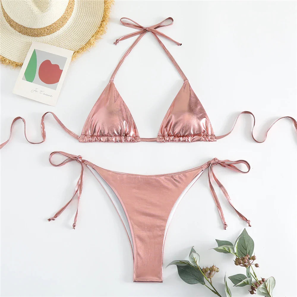 Heidi-Mode | Halter Triangle Sexy Bikini Set Frauen Patentleder Glitzer Badeanzug Sommer Einfarbig G String Bademode Seitenschnürung Monokini