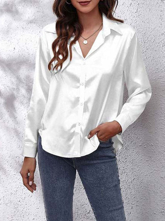 Heidi-Mode | Damen Satin Bluse Lockere Passform, Knopfverschluss, Seidenärmel