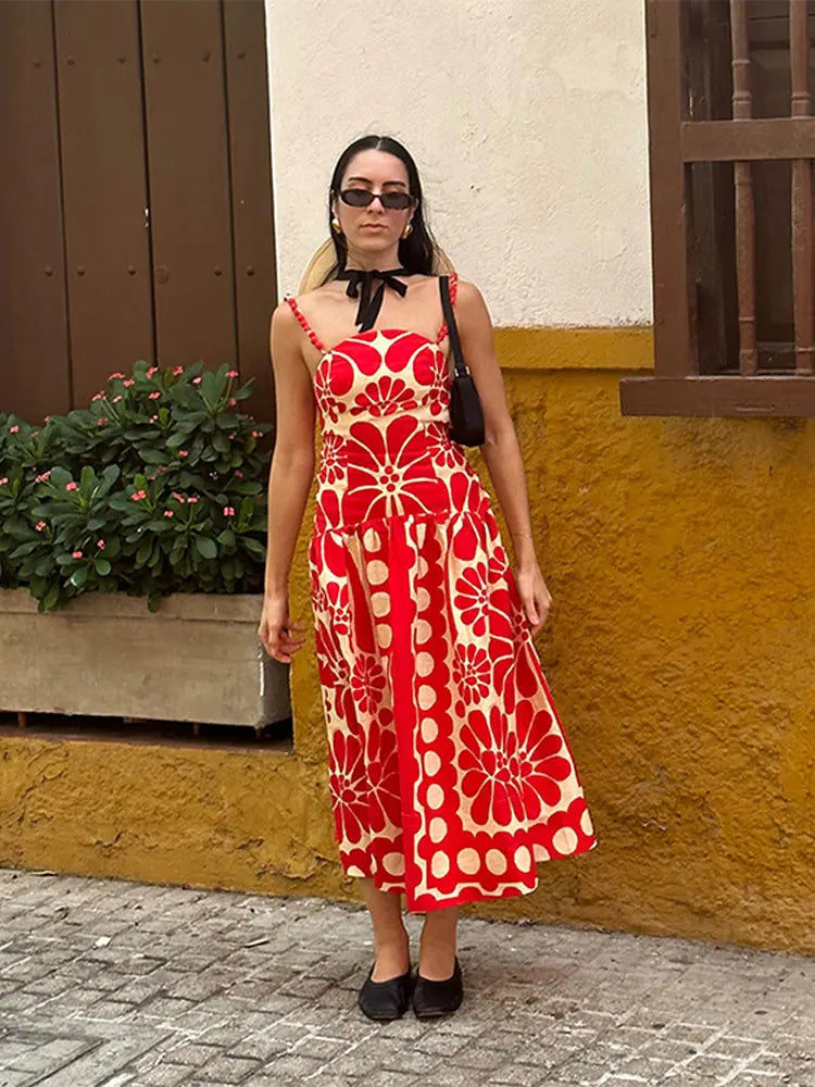 Heidi-Mode | Fashion Rot Druck Spaghetti Träger Kleid Frauen Sexy Rückenfrei Ärmellos Sling Kleid Sommer Weiblich Lässig Fest Strand Kleider