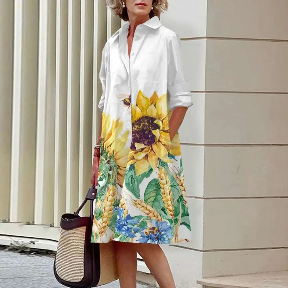 Heidi-Mode | Damen Elegante Hemdblusenkleider Herbstmode Blumen Lange Ärmel Lockere A-Linien Kleider Frauen Büro Damen Rote Grüne Revers Kleider