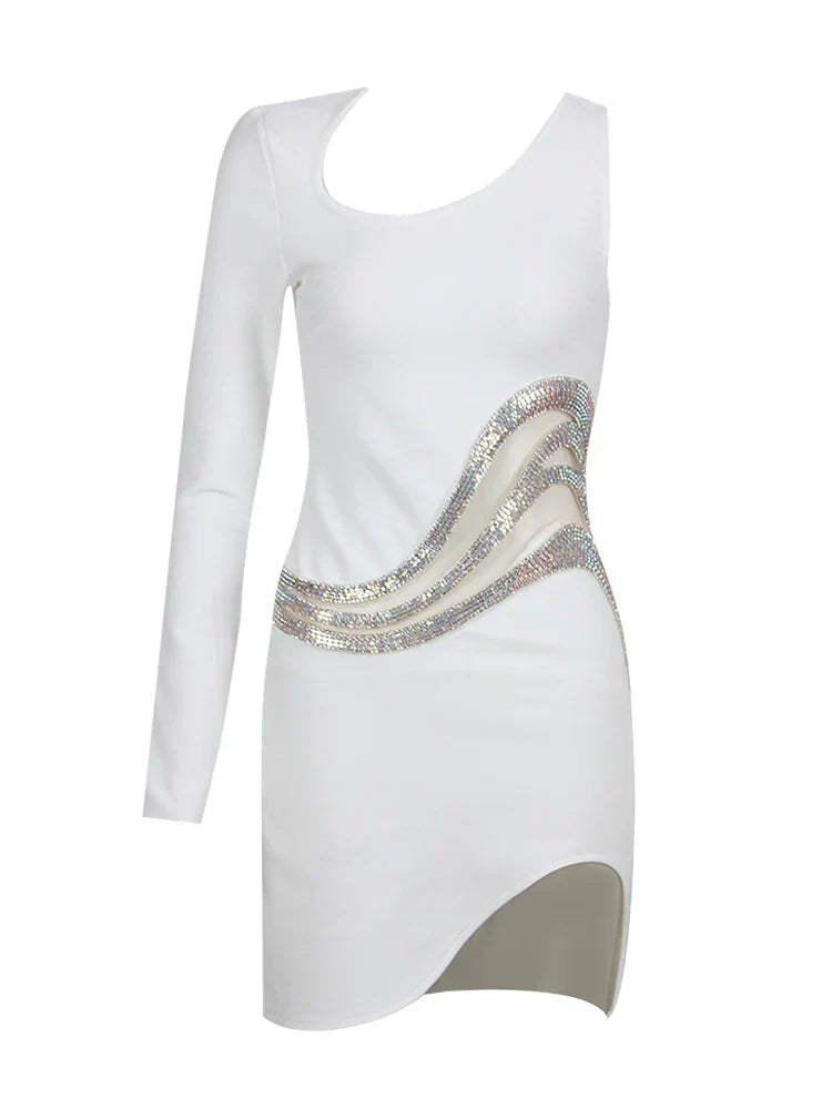 Heidi-Mode | Damen Neue Ein Schulter Langarm Mesh Patch Diamant Bandage Kleid Elegant Sexy Club Abendfest Mini Kleid