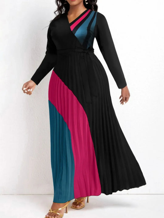Heidi-Mode | Elegante Herbst Maxi Kleider Bandage Design Geschichteter Plisseefalten A-Linie Kleid Gürtelträger Lange Ärmel V-Ausschnitt Fließendes Patchwork Vestidos
