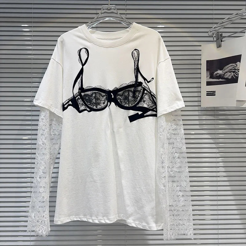 Heidi-Mode | Gemustertes Gedrucktes Kurzarm Wellen Spitzen T-Shirt Zwei Teile Set für Frauen Frühling Neue Artikel Lässige Kleidung
