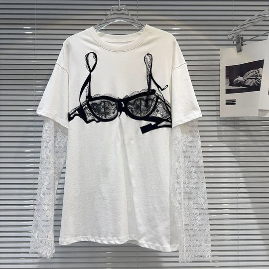 Heidi-Mode | Gemustertes Gedrucktes Kurzarm Wellen Spitzen T-Shirt Zwei Teile Set für Frauen Frühling Neue Artikel Lässige Kleidung
