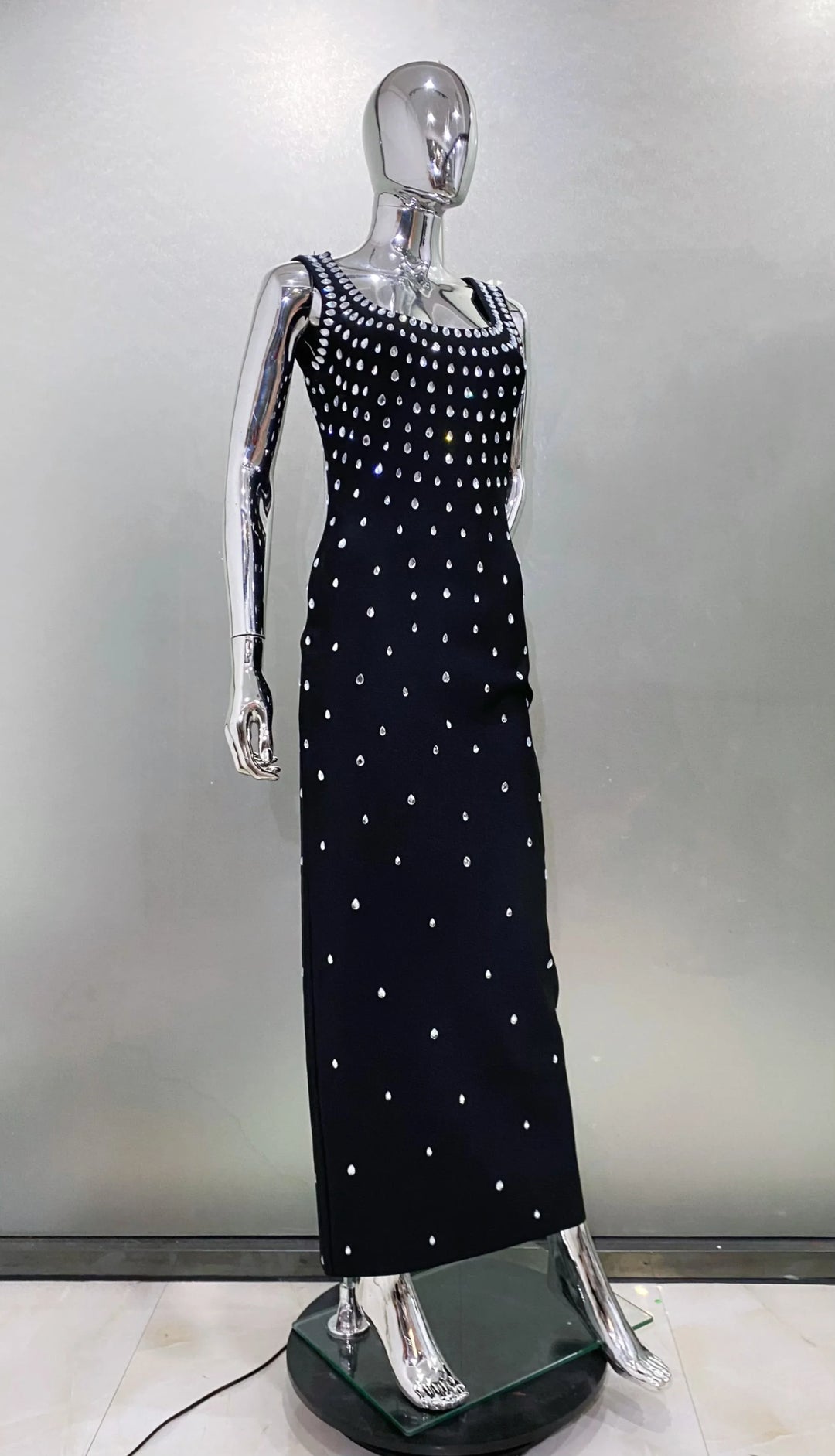 Heidi-Mode | Schwarz Himmelblau Frauen Ohne Ärmel Sexy O-Ausschnitt Schiene Kristall Bodycon Bandage Lange Kleid Celebraate Nachtclub Fest Outfit