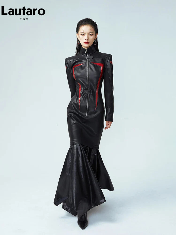 Heidi-Mode | Lautaro Frühling Herbst Cool Rot und Schwarz Patchwork Kunstleder Maxi Kleid Frauen mit Abnehmbarem Rand Luxus Designer Kleidung