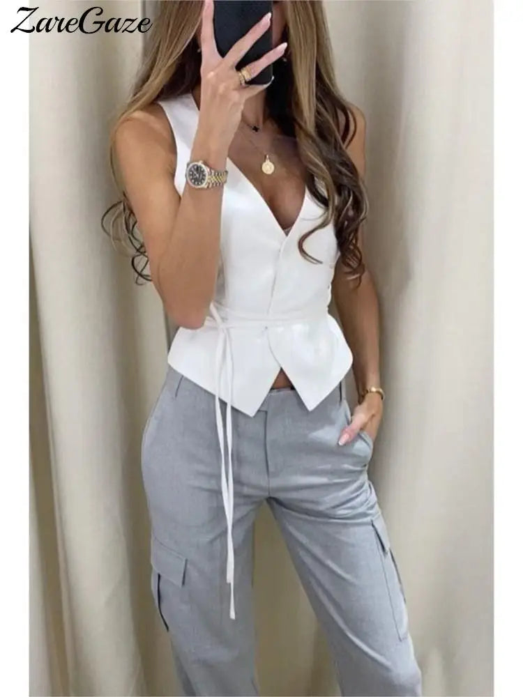 Heidi-Mode | Elegant Chic Schnür V-Ausschnitt Damen Weste Solid Dünn Ohne Ärmel Tops Female Frühling Sommer Mode Sexy Dame Streetwear