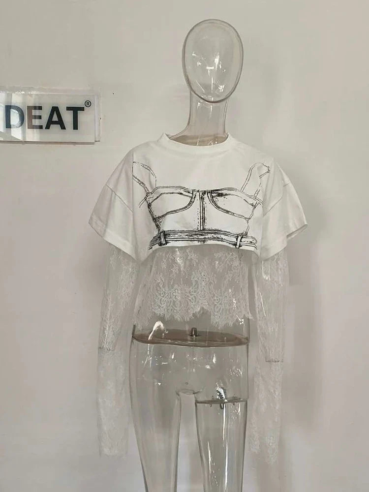 Heidi-Mode | Gemustertes Gedrucktes Kurzarm Wellen Spitzen T-Shirt Zwei Teile Set für Frauen Frühling Neue Artikel Lässige Kleidung