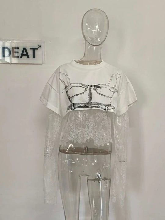 Heidi-Mode | Gemustertes Gedrucktes Kurzarm Wellen Spitzen T-Shirt Zwei Teile Set für Frauen Frühling Neue Artikel Lässige Kleidung