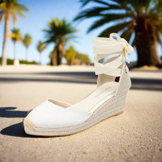 Heidi-Mode | Espadrilles mit Keilabsatz Weiß Bequeme Schnür Sandalen für Sommer