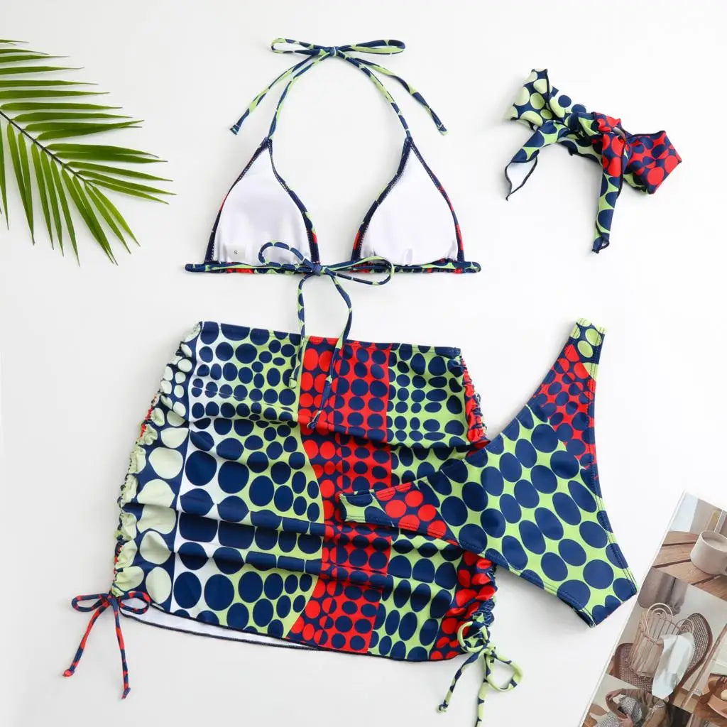 Heidi-Mode | Dot Prin Bikini, Mini Rock, Kopfbedeckung 4 Stück Satzs