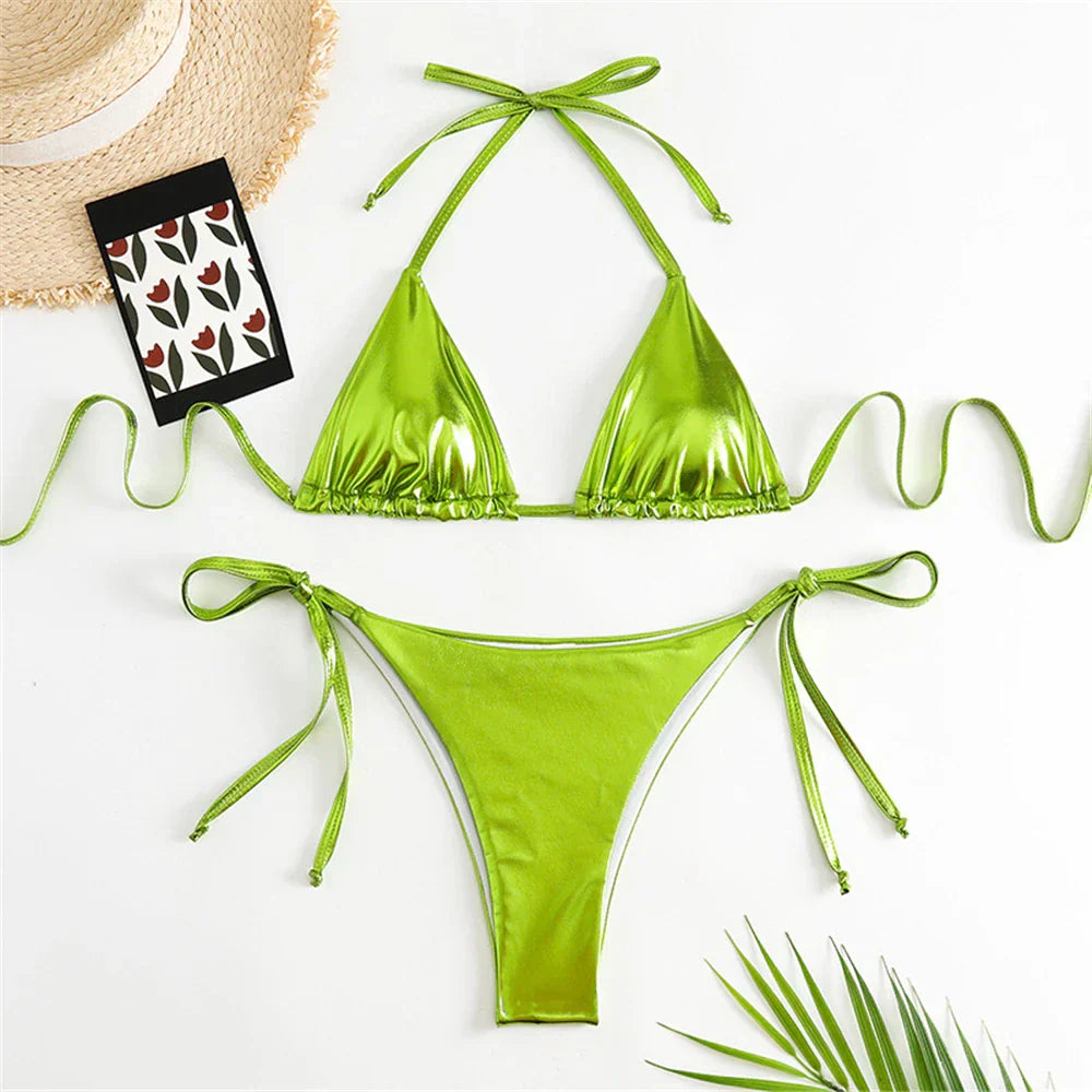 Heidi-Mode | Halter Triangle Sexy Bikini Set Frauen Patentleder Glitzer Badeanzug Sommer Einfarbig G String Bademode Seitenschnürung Monokini