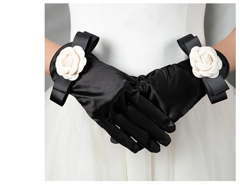 Heidi-Mode | Weinlese Schwarze Kurze Satin Hepburnhandschuhe