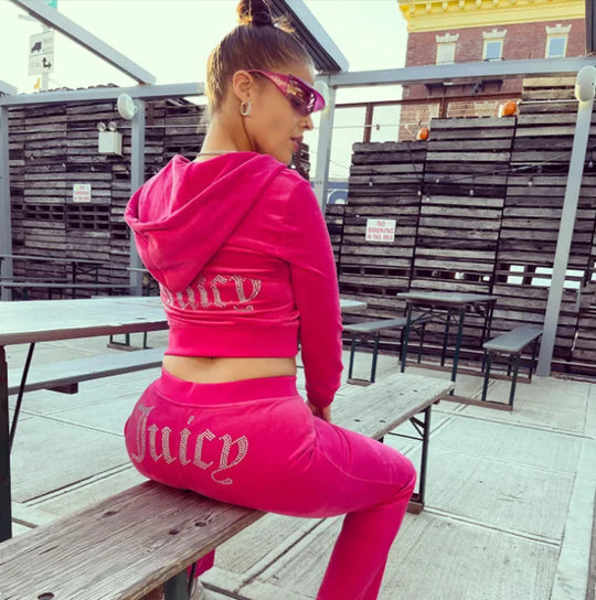 Heidi-Mode | Velours Trainingsanzug Frauen Langarm Hoodie Juicy Bling Shine Tops und Hose Zweiteilig Diamant Logo Druck Lässige Workout Kleidung