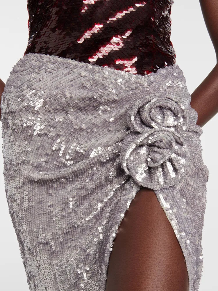 Heidi-Mode | Frauen Mesh Pailletten Blume Funkelnd Silber Midi Bodycon Rock Designer Hohe Taille Fest Büro Damen Elegant Schlitz Rock