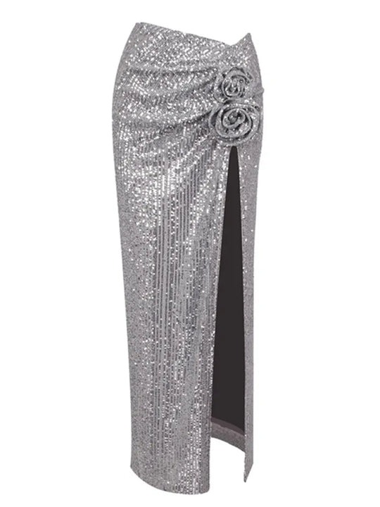 Heidi-Mode | Frauen Mesh Pailletten Blume Funkelnd Silber Midi Bodycon Rock Designer Hohe Taille Fest Büro Damen Elegant Schlitz Rock
