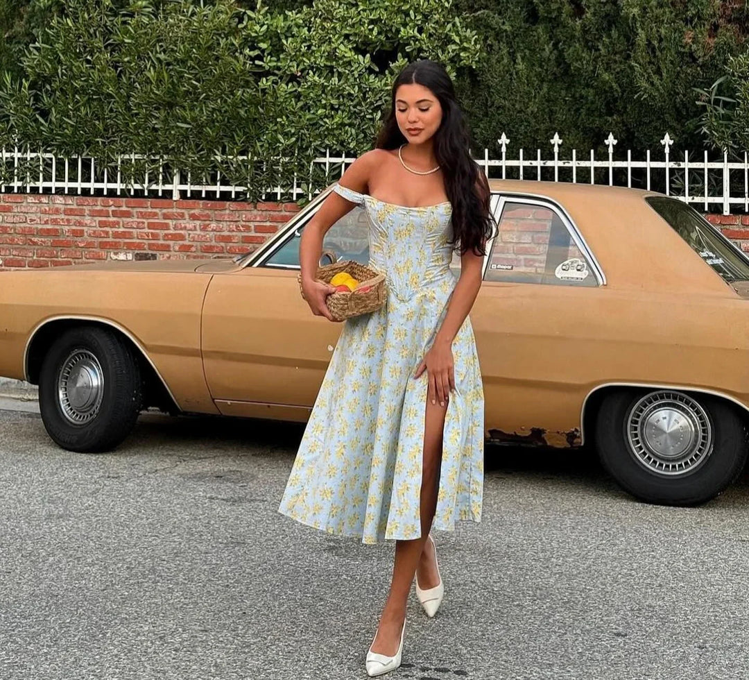 Heidi-Mode | Sommerkleid Frauen Grün Schnürung Blumenmuster Kleid Elegant mit Knochen Lässig Fest Urlaub Kleid Hohe Qualität