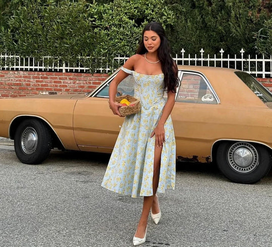 Heidi-Mode | Sommerkleid Frauen Grün Schnürung Blumenmuster Kleid Elegant mit Knochen Lässig Fest Urlaub Kleid Hohe Qualität