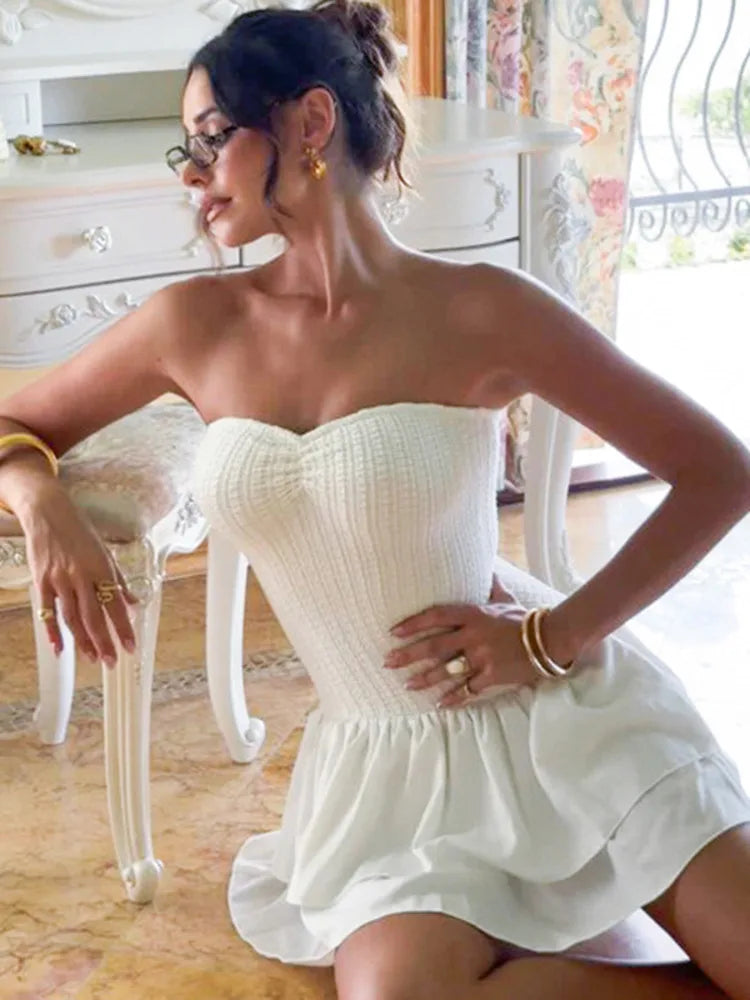 Heidi-Mode | Off Shoulder Enganliegend Ohne Träger Sexy Mini Kleid für Frauen Weiß Spaghetti-Träger Ärmelos Hohe Taille A-Linie Kuchen Kleid Vestido