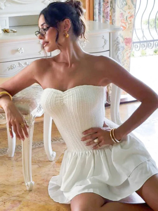 Heidi-Mode | Off Shoulder Enganliegend Ohne Träger Sexy Mini Kleid für Frauen Weiß Spaghetti-Träger Ärmelos Hohe Taille A-Linie Kuchen Kleid Vestido