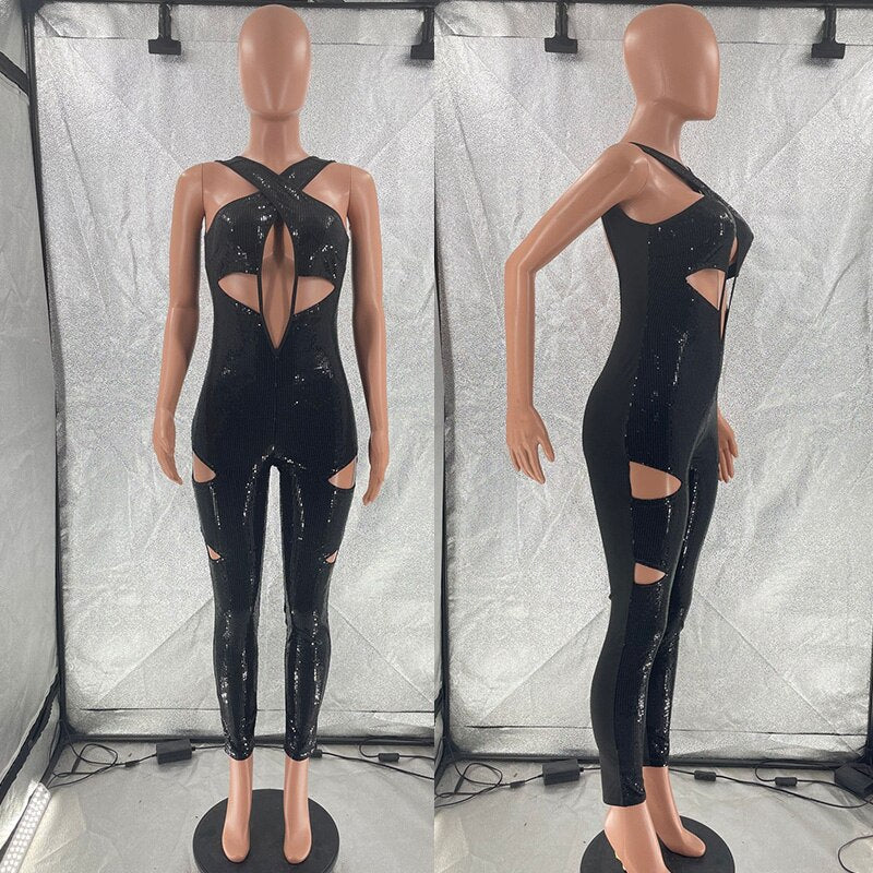 Heidi-Mode | Schwarzer Hollow Out Pailletten Jumpsuit
