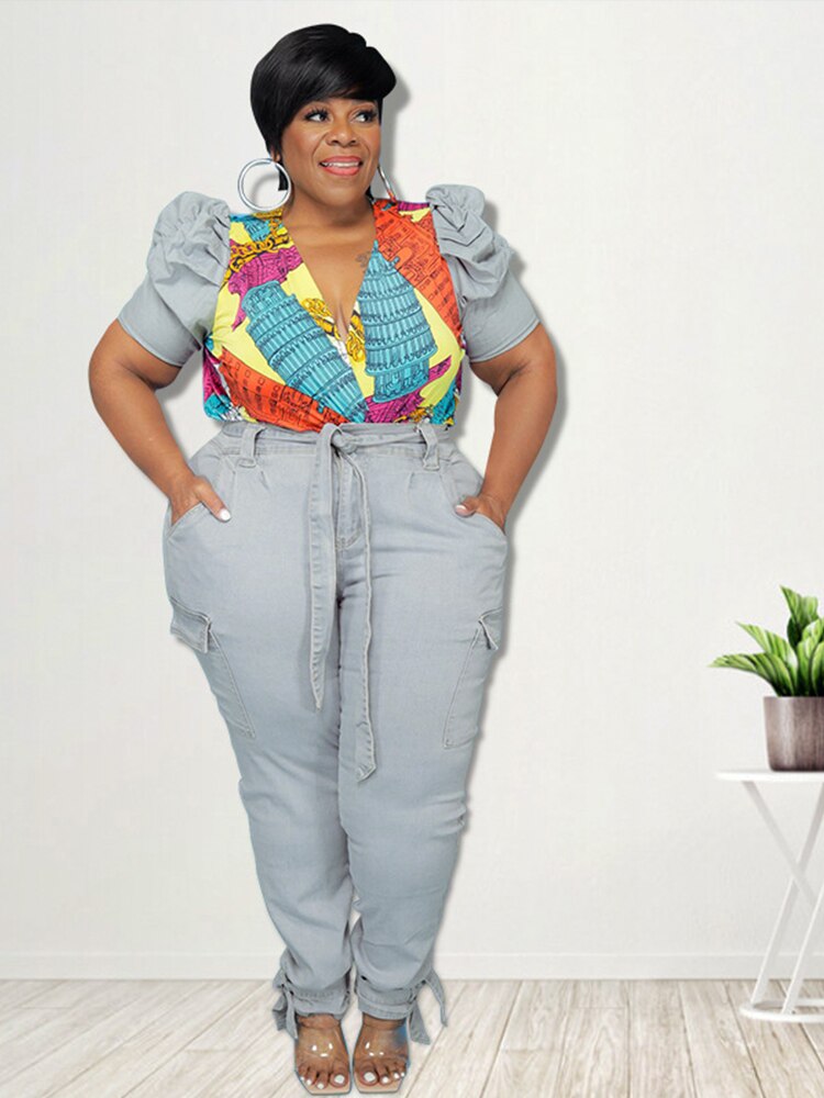 Heidi-Mode | Denim Set mit Puffärmeln und Übergrößen Jeans