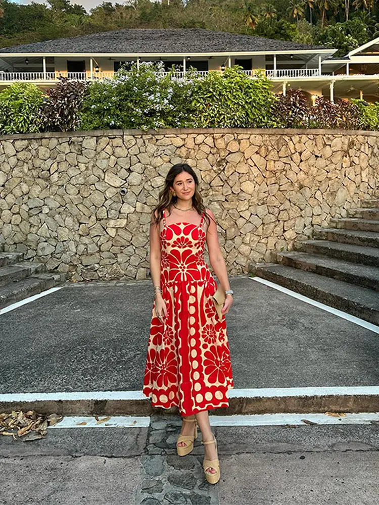 Heidi-Mode | Fashion Rot Druck Spaghetti Träger Kleid Frauen Sexy Rückenfrei Ärmellos Sling Kleid Sommer Weiblich Lässig Fest Strand Kleider