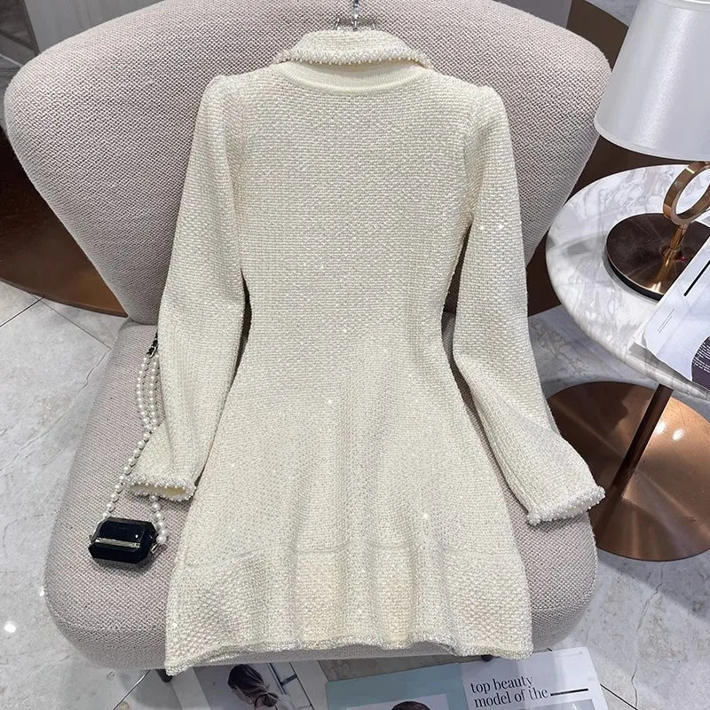 Heidi-Mode | Elegante Luxus Kleine Duft Strickkleid Frauen Pailletten Perlen Knöpfe Trendy Taille Auf Schlank Mini Kleider Frühling Herbst Neu