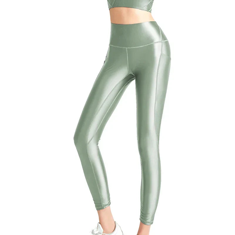 Heidi-Mode | Satin Glänzende Damen Bademode Weste Öl Hohe Taille Hose Glatte Fitness Gloss Yoga Lauf Sweatset Leggings