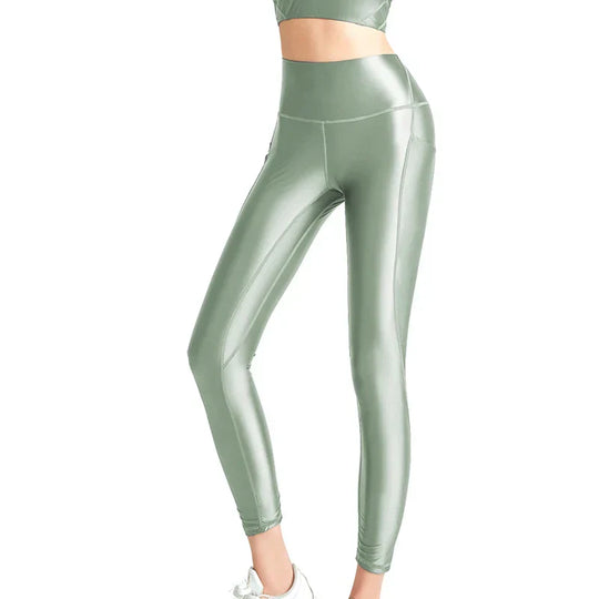 Heidi-Mode | Satin Glänzende Damen Bademode Weste Öl Hohe Taille Hose Glatte Fitness Gloss Yoga Lauf Sweatset Leggings