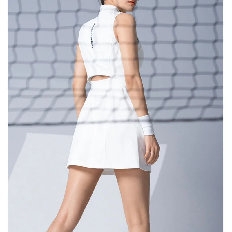 Heidi-Mode | Weiß Entspannt Sportkleid Damen Sommer Schnell Trocknend Atmungsaktiv V-Ausschnitt Ohne Ärmel Badminton Tennis Golf Amerikanische Mode Kleider