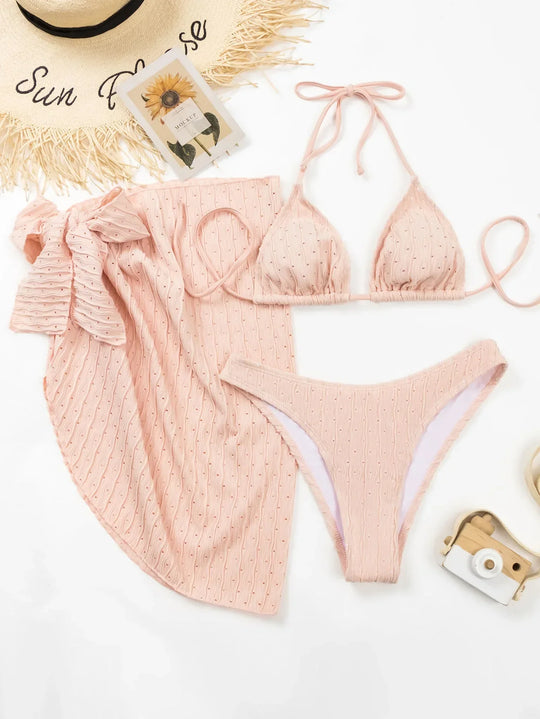 Heidi-Mode | Neu 3 Teile Set Bademode Frauen Thong Bademode Sexy Mikro Bikini Set mit Sarong Rock Weiß Strandmode Badehose Pink