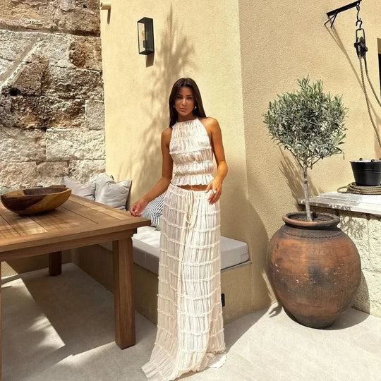 Heidi-Mode | Damen Sommerferien Strand Cover Ups Kleid Set Ärmellos Raffung Halterneck Lange Rock Anzug Top Schnüre Falten Maxi Röcke