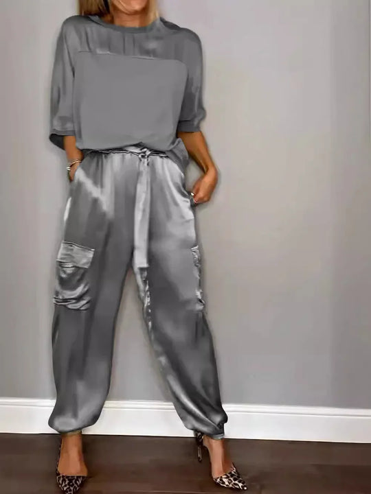 Heidi-Mode | Sommer Satin 2 Teilig Set Frauen Lässig Einfarbig 2 Teilig Outfit Halblange Ärmel Top Lockere Passform Hosen Set Zwei Teilige Set