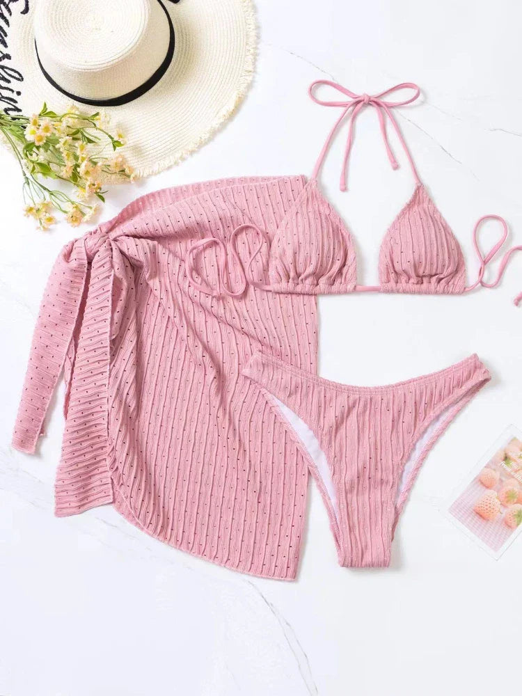 Heidi-Mode | Neu 3 Teile Set Bademode Frauen Thong Bademode Sexy Mikro Bikini Set mit Sarong Rock Weiß Strandmode Badehose Pink