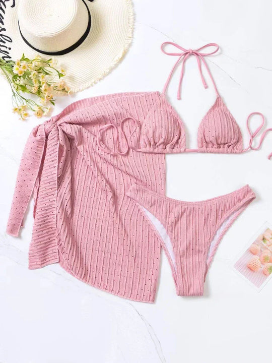 Heidi-Mode | Neu 3 Teile Set Bademode Frauen Thong Bademode Sexy Mikro Bikini Set mit Sarong Rock Weiß Strandmode Badehose Pink