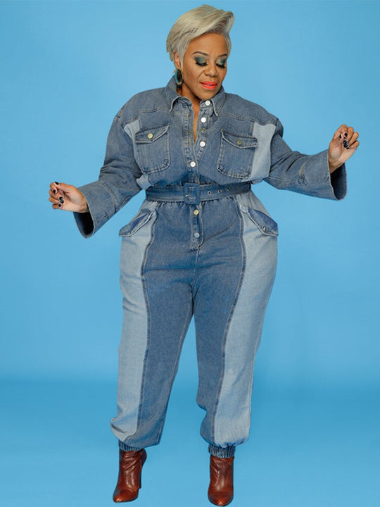 Heidi-Mode | Lockerer Denim Jumpsuit mit langen Ärmeln in Übergröße