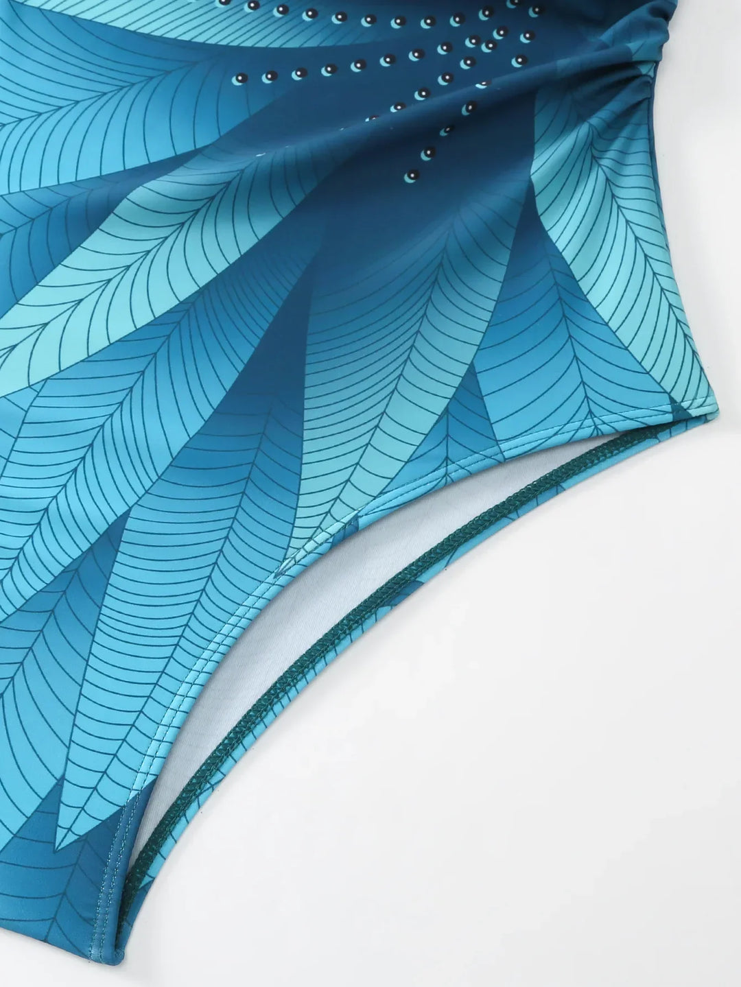 Heidi-Mode | Elegant Blau Blätter Gedruckt Einteiler Badeanzüge Damen Mode Hohe Taille Hängender Hals Bademode Französisch Bedeckter Bauch Bikini