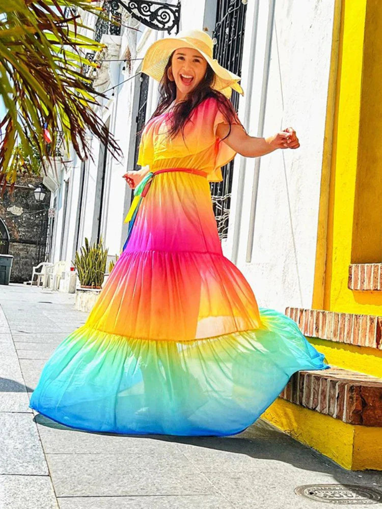 Heidi-Mode | Mehrfarbig Bohemian Rüsch Off Shoulder Selbst Gürtelt Festkleid Baumwolle Tunika Frauen Boho Maxi Kleider Vestidos A324